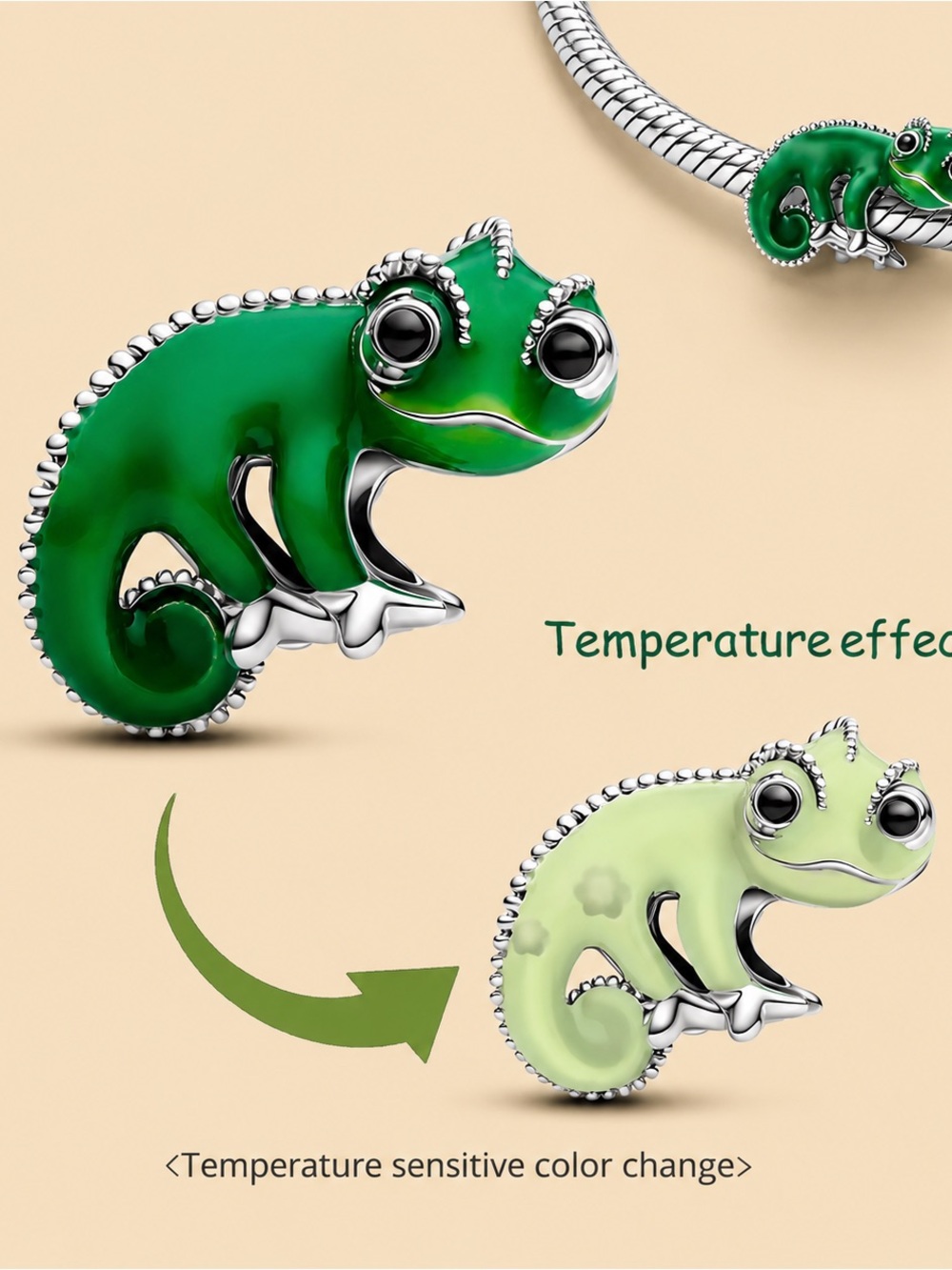 Sterling Silver Green Chameleon Temperature-Sensitive Pet Reptile Charm